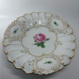 Meissen White Plate with Pink Rose and Gold Accents, 11”